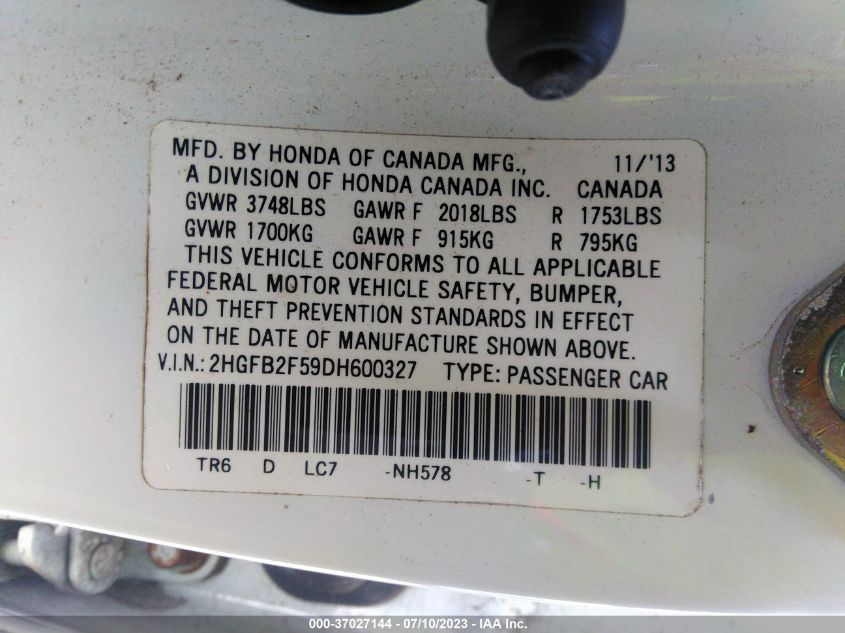 2013 HONDA CIVIC SDN LX - 2HGFB2F59DH600327