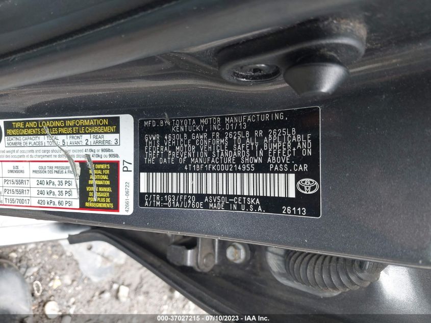 2013 TOYOTA CAMRY L/LE/SE/XLE - 4T1BF1FK0DU214955