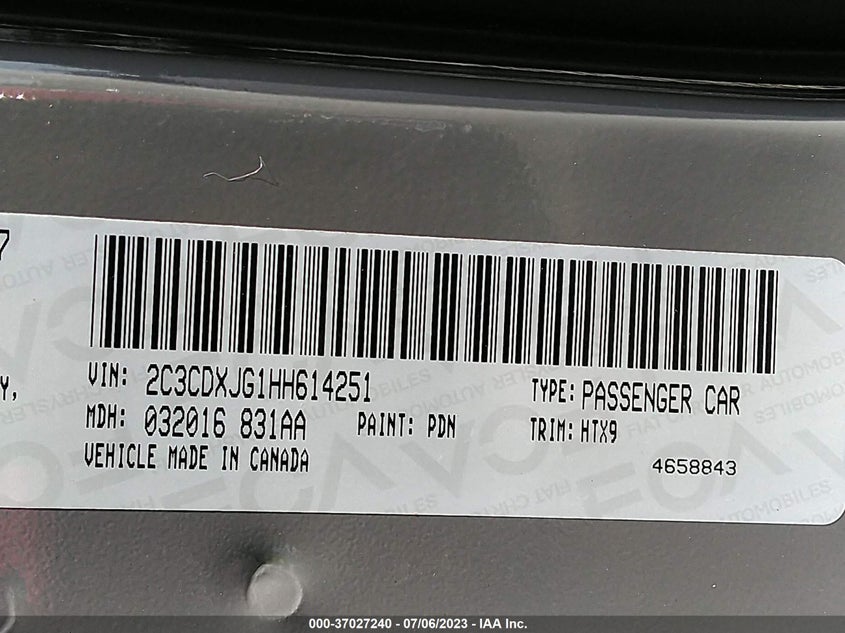 VIN 2C3CDXJG1HH614251 2017 DODGE CHARGER SXT