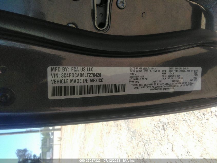 2020 DODGE JOURNEY SE - 3C4PDCAB6LT270426
