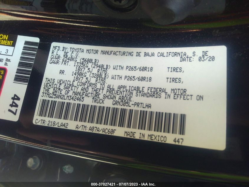 2020 TOYOTA TACOMA 4WD LIMITED - 3TMGZ5AN2LM342465