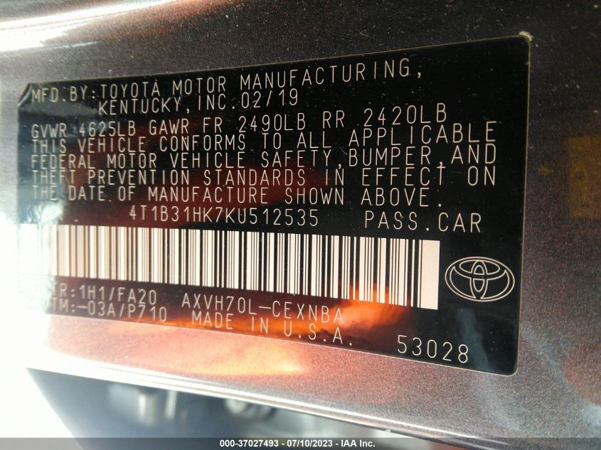 2019 TOYOTA CAMRY HYBRID LE - 4T1B31HK7KU512535