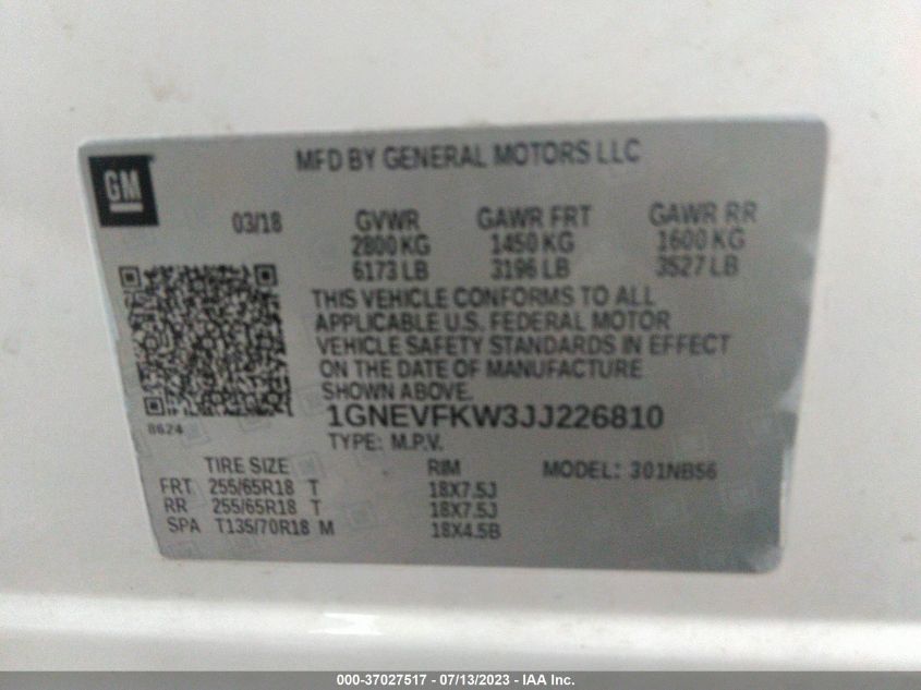2018 CHEVROLET TRAVERSE LS - 1GNEVFKW3JJ226810