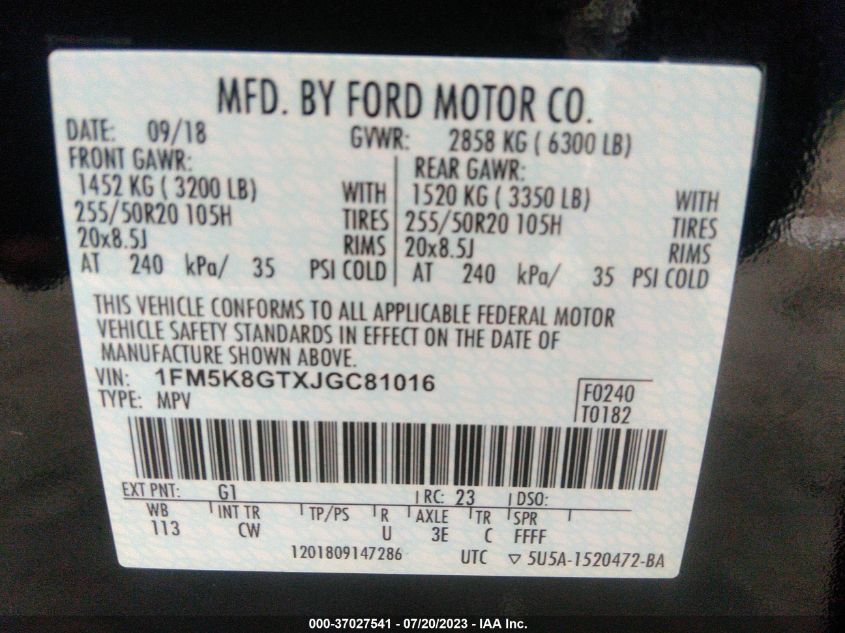 2018 FORD EXPLORER SPORT - 1FM5K8GTXJGC81016