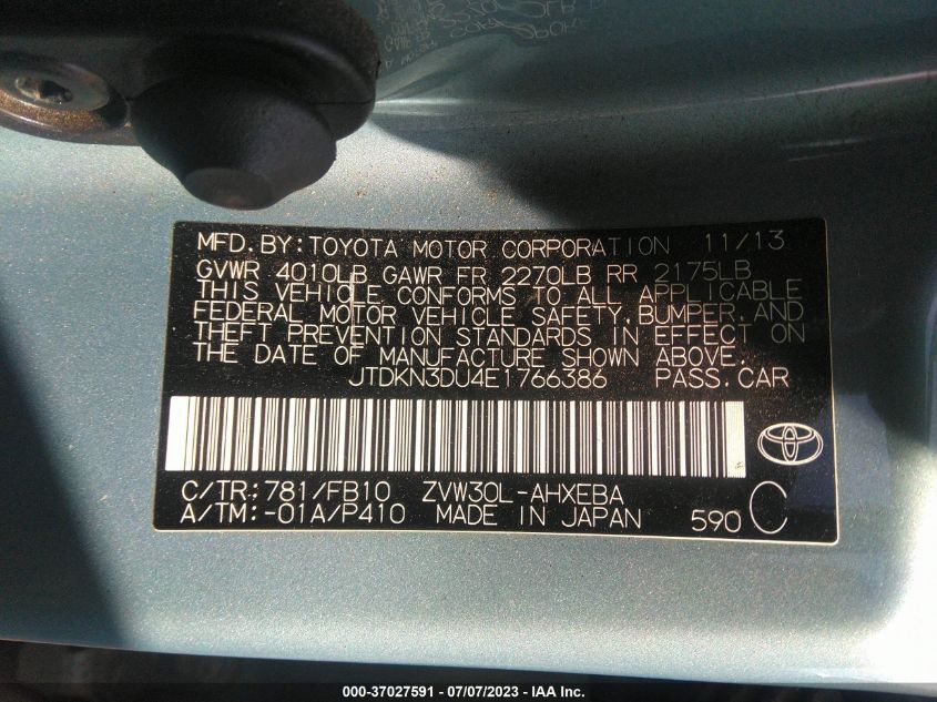 2014 TOYOTA PRIUS FOUR/FIVE/THREE/ONE/TWO - JTDKN3DU4E1766386