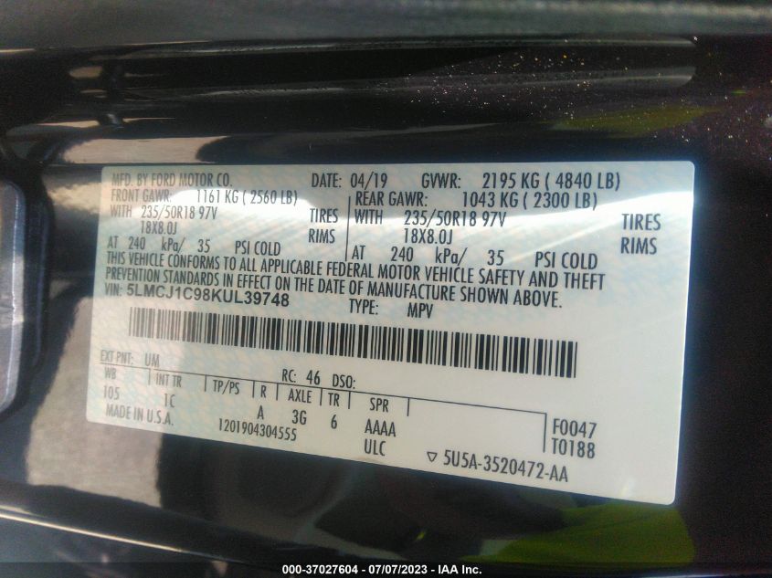 2019 LINCOLN MKC STANDARD - 5LMCJ1C98KUL39748