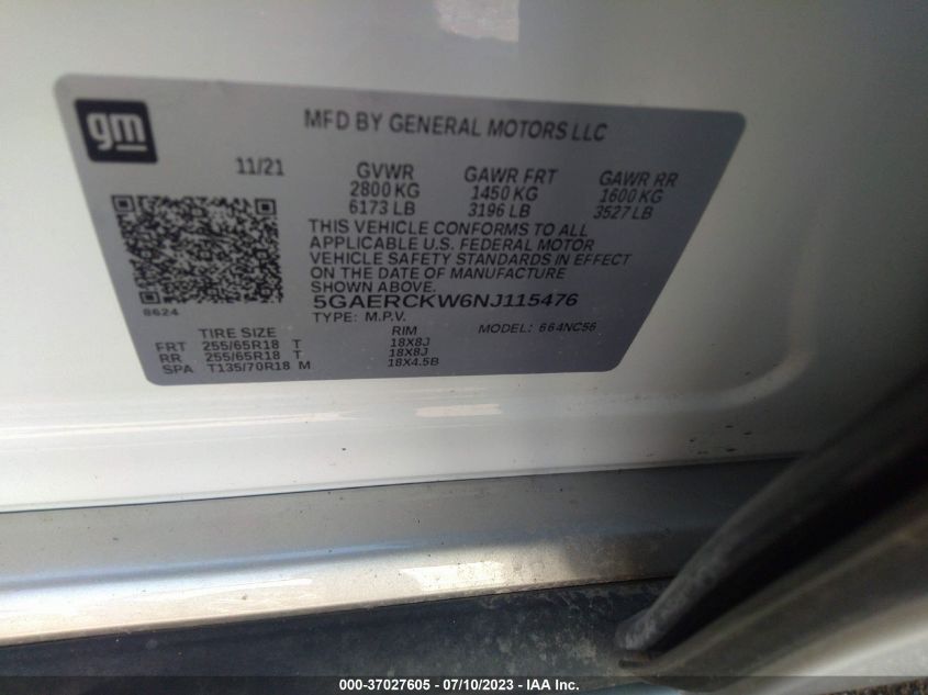 2022 BUICK ENCLAVE PREMIUM - 5GAERCKW6NJ115476