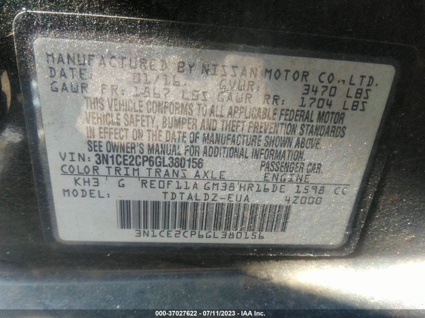 2016 NISSAN VERSA NOTE S/S PLUS/SV/SL/SR - 3N1CE2CP6GL380156