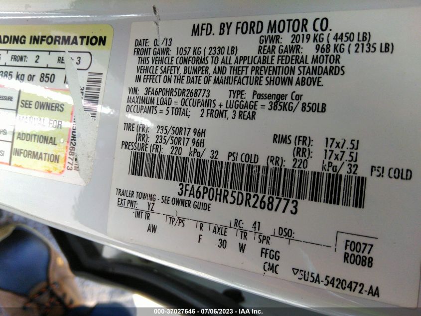 2013 FORD FUSION SE - 3FA6P0HR5DR268773