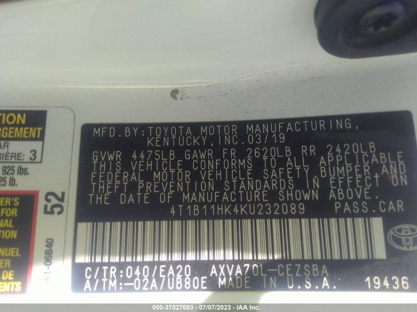 2019 TOYOTA CAMRY LE/SE/XLE/L - 4T1B11HK4KU232089