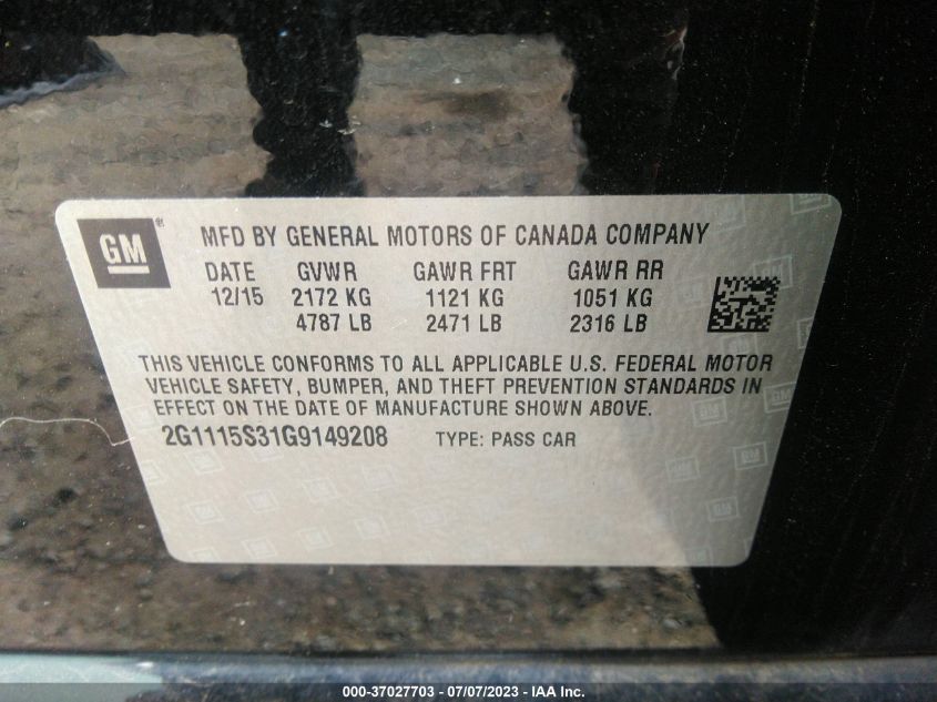 2016 CHEVROLET IMPALA LT - 2G1115S31G9149208