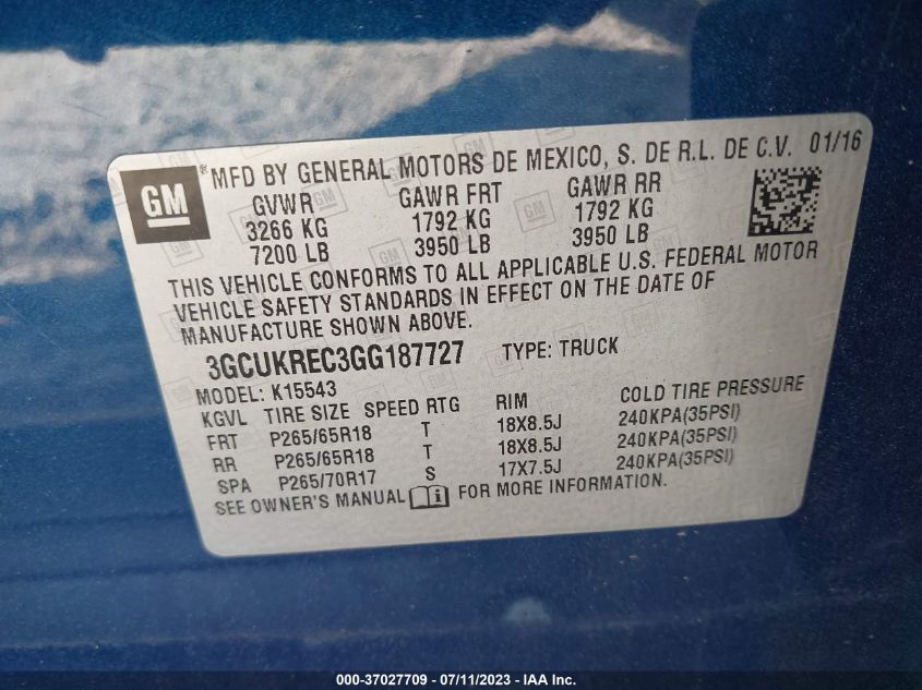2016 CHEVROLET SILVERADO 1500 LT - 3GCUKREC3GG187727