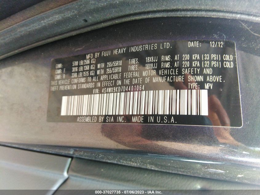 2013 SUBARU TRIBECA LIMITED 4S4WX9KD7D4401064