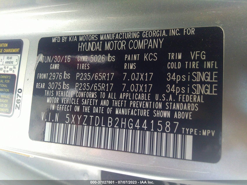 VIN 5XYZTDLB2HG441587 2017 HYUNDAI SANTA FE SPORT 2.4L