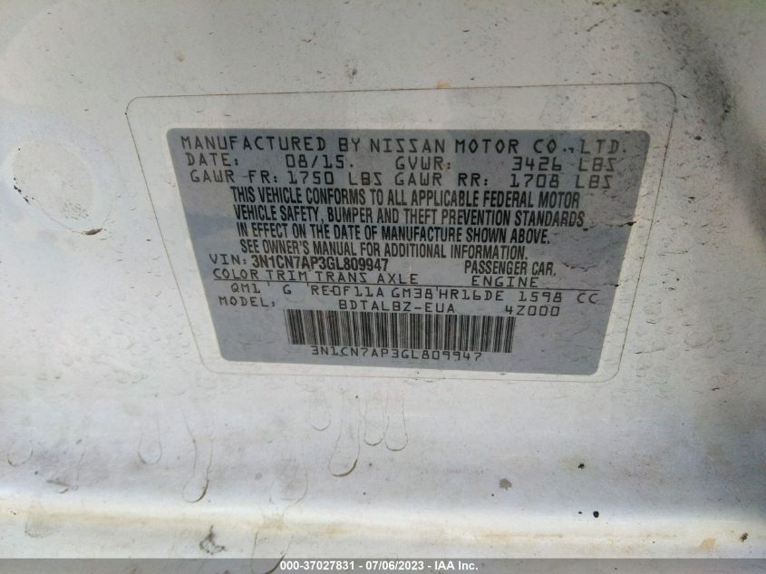 2016 NISSAN VERSA S/S PLUS/SL/SV - 3N1CN7AP3GL809947