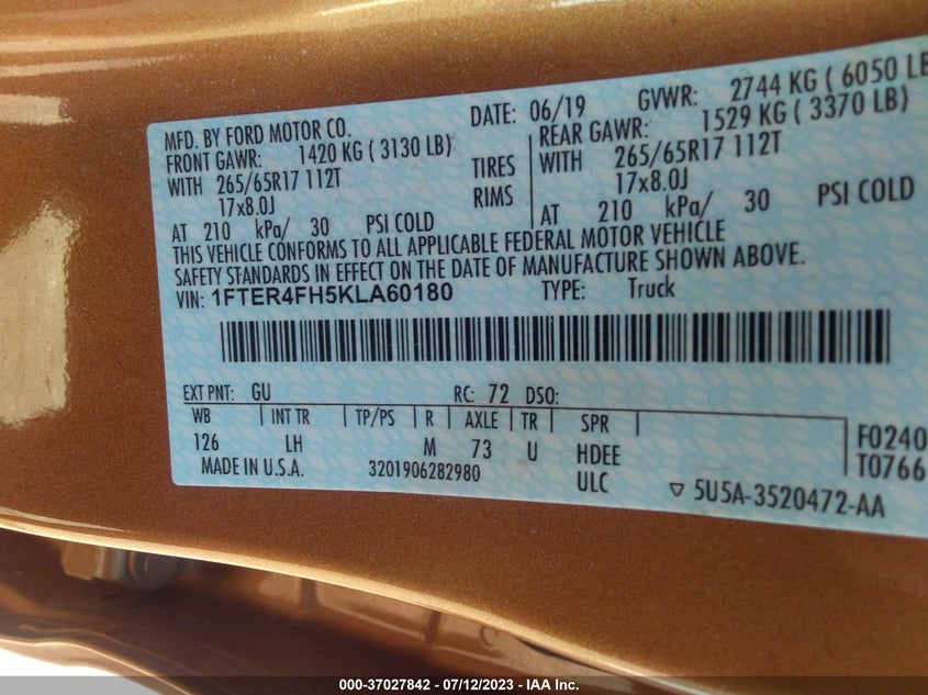 VIN 1FTER4FH5KLA60180 2019 FORD RANGER XL/XLT/LARIAT