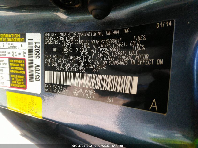 2014 TOYOTA SIENNA XLE/XLE AAS/LTD - 5TDYK3DC1ES451686
