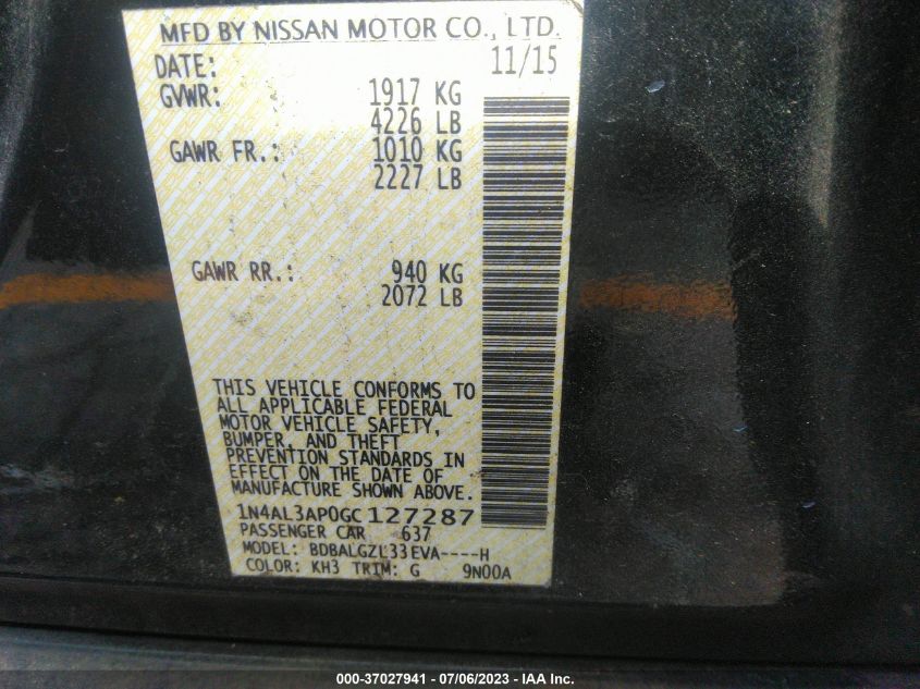 2016 NISSAN ALTIMA 2.5 S - 1N4AL3AP0GC127287