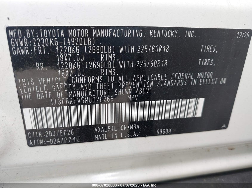 VIN 4T3E6RFV5MU026266 2021 TOYOTA RAV4 XSE