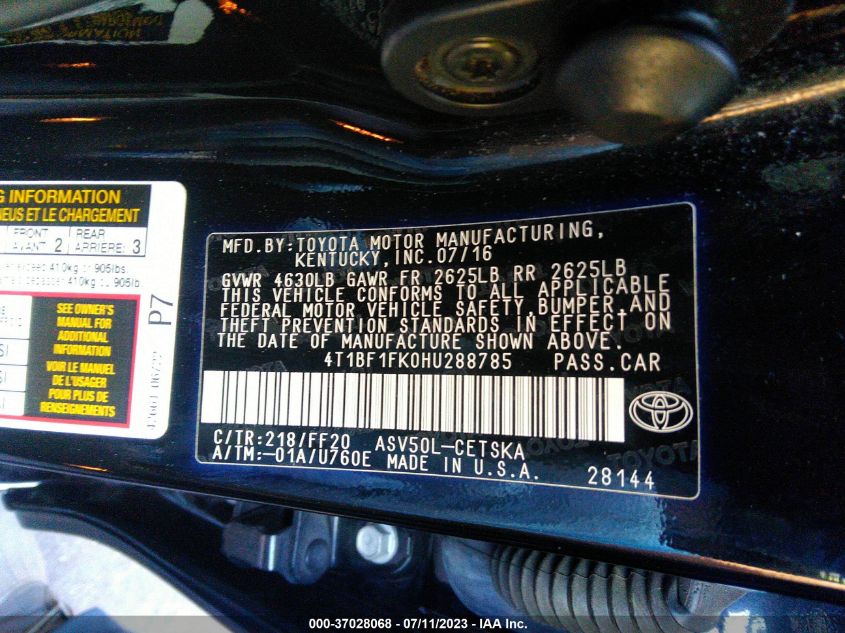 2017 TOYOTA CAMRY SE - 4T1BF1FK0HU288785