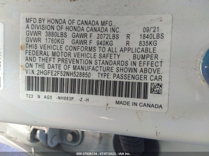 2022 HONDA CIVIC SEDAN SPORT - 2HGFE2F52NH528850