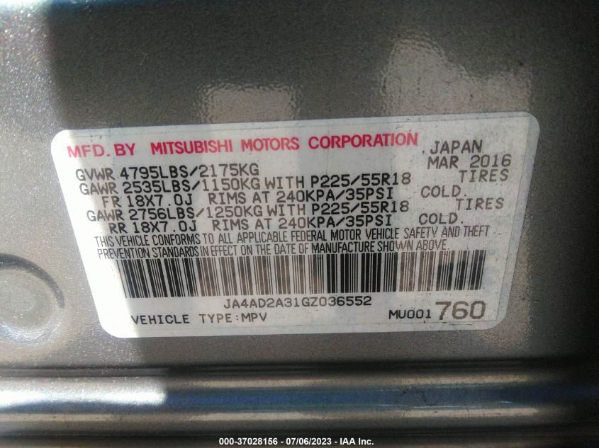 2016 MITSUBISHI OUTLANDER ES - JA4AD2A31GZ036552