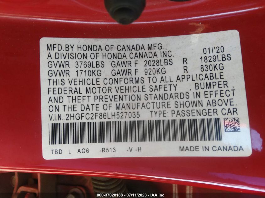 2020 HONDA CIVIC SEDAN SPORT - 2HGFC2F86LH527035
