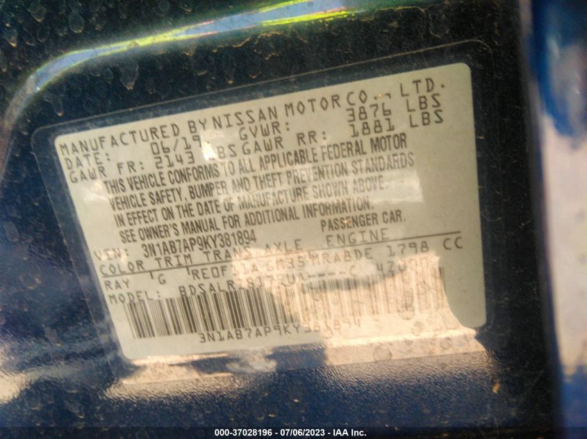 2019 NISSAN SENTRA S/SV/SR/SL - 3N1AB7AP9KY381894