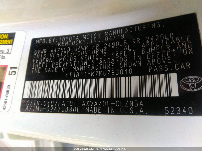 2019 TOYOTA CAMRY LE/SE/XLE/L - 4T1B11HK7KU783018
