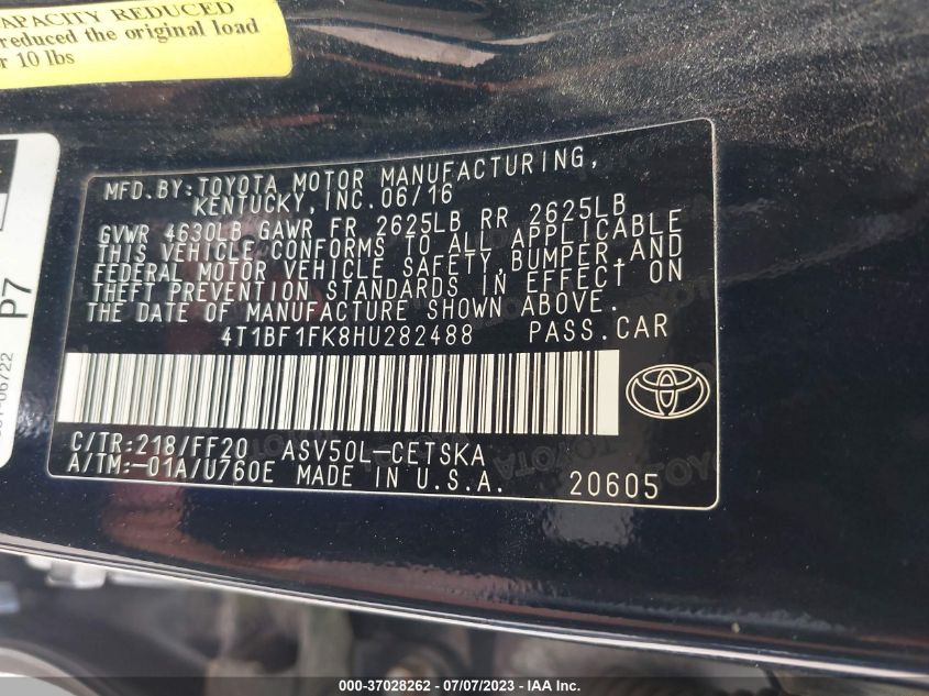 2017 TOYOTA CAMRY XLE/SE/LE/XSE - 4T1BF1FK8HU282488