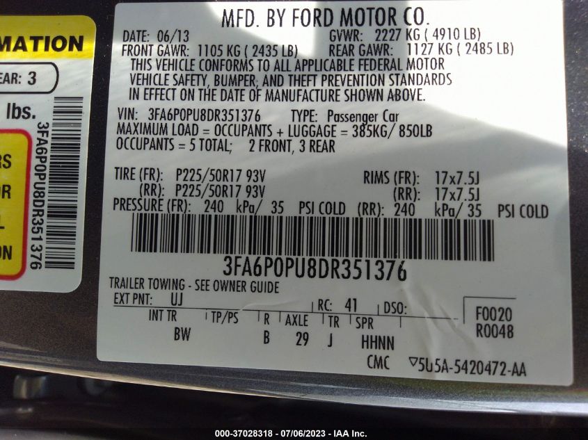 2013 FORD FUSION ENERGI SE LUXURY - 3FA6P0PU8DR351376