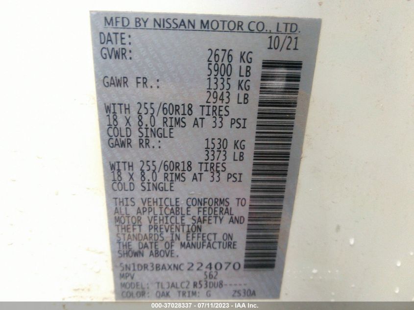 2022 NISSAN PATHFINDER SV - 5N1DR3BAXNC224070