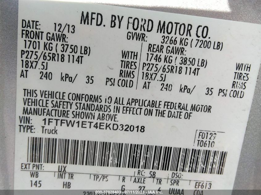 2014 FORD F-150 XL/XLT/FX4/LARIAT - 1FTFW1ET4EKD32018