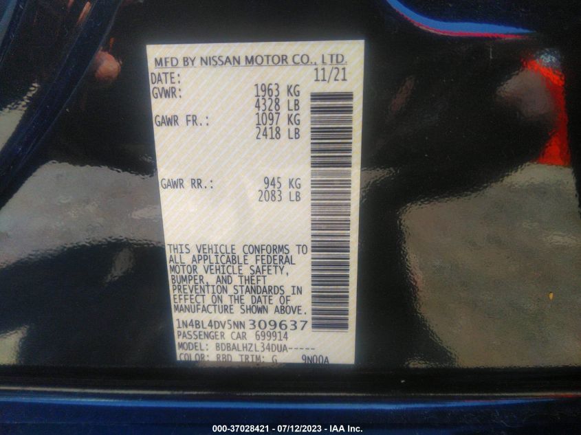 2022 NISSAN ALTIMA 2.5 SV - 1N4BL4DV5NN309637