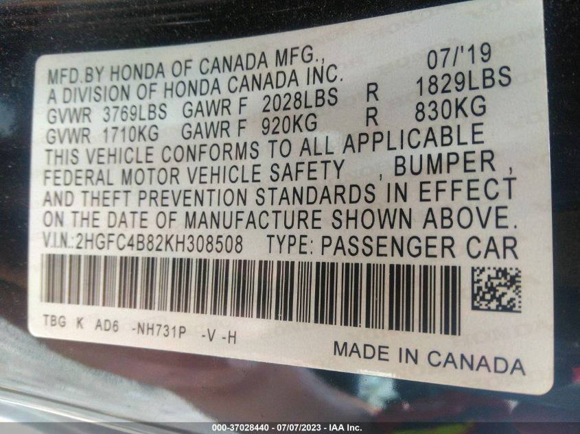 2019 HONDA CIVIC COUPE SPORT - 2HGFC4B82KH308508