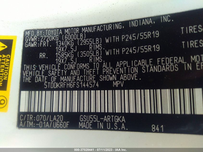 2015 TOYOTA HIGHLANDER LIMITED/LTD PLATINUM - 5TDDKRFH6FS144574