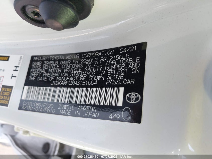 VIN JTDKAMFUXM3151004 2021 TOYOTA PRIUS L