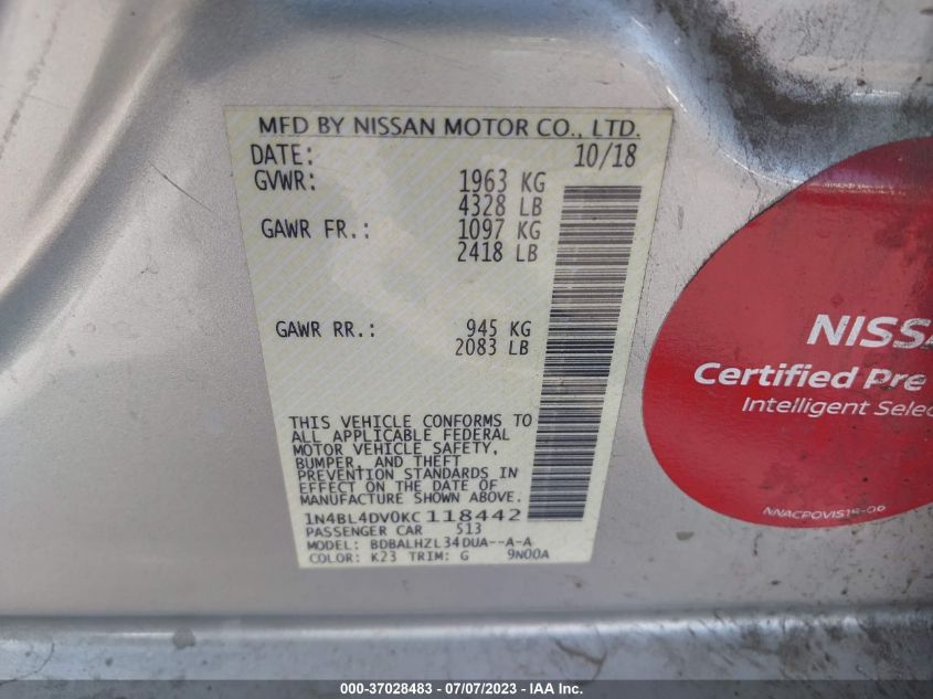 2019 NISSAN ALTIMA SV - 1N4BL4DV0KC118442