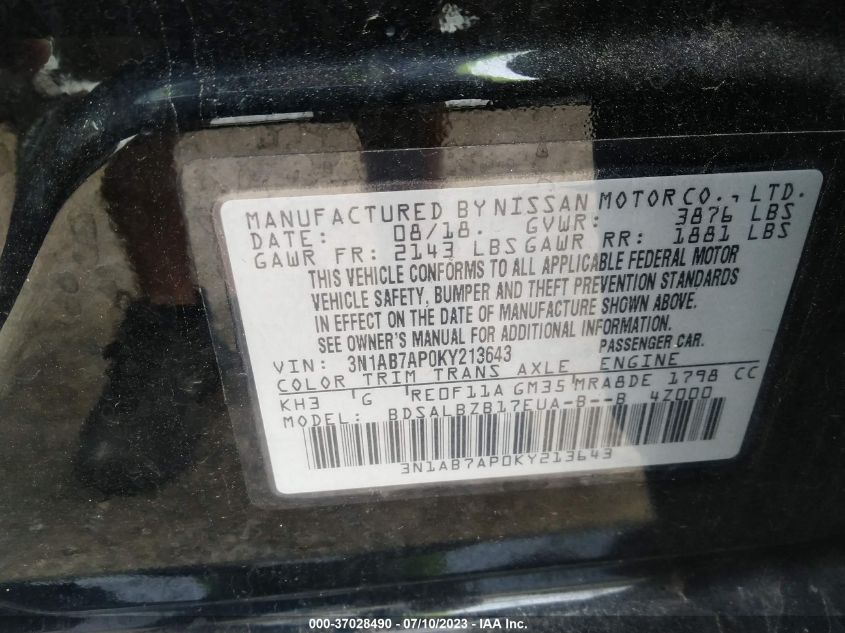 2019 NISSAN SENTRA S - 3N1AB7AP0KY213643