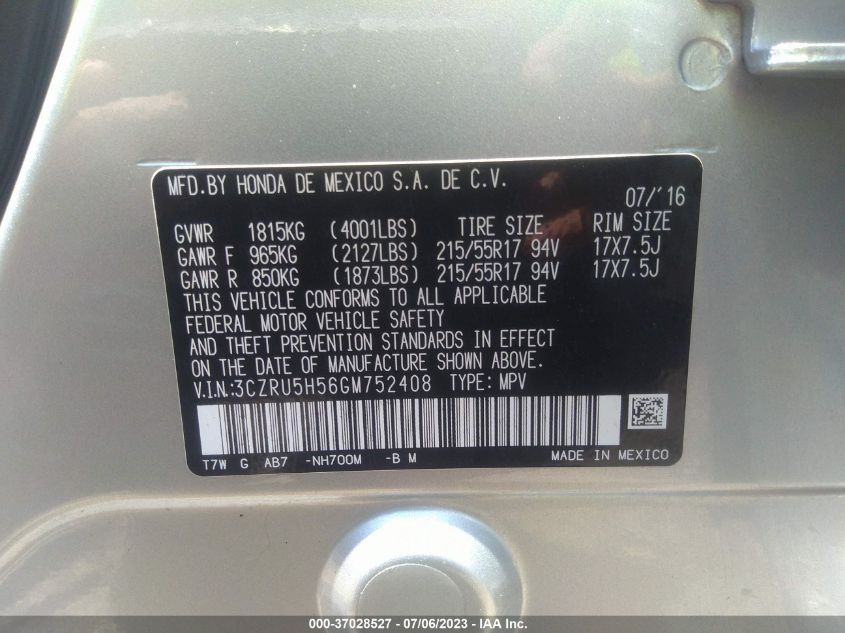 2016 HONDA HR-V EX - 3CZRU5H56GM752408