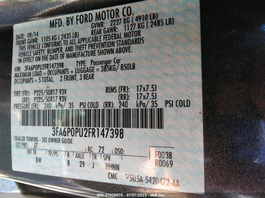 2015 FORD FUSION ENERGI SE LUXURY - 3FA6P0PU2FR147398