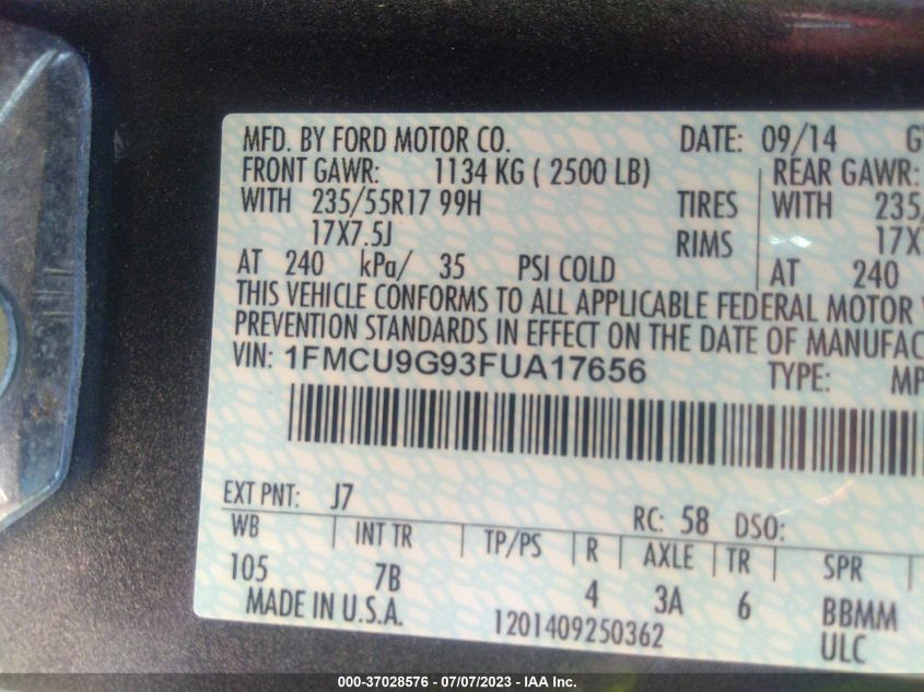 1FMCU9G93FUA17656 2015 FORD ESCAPE, photo no. 9