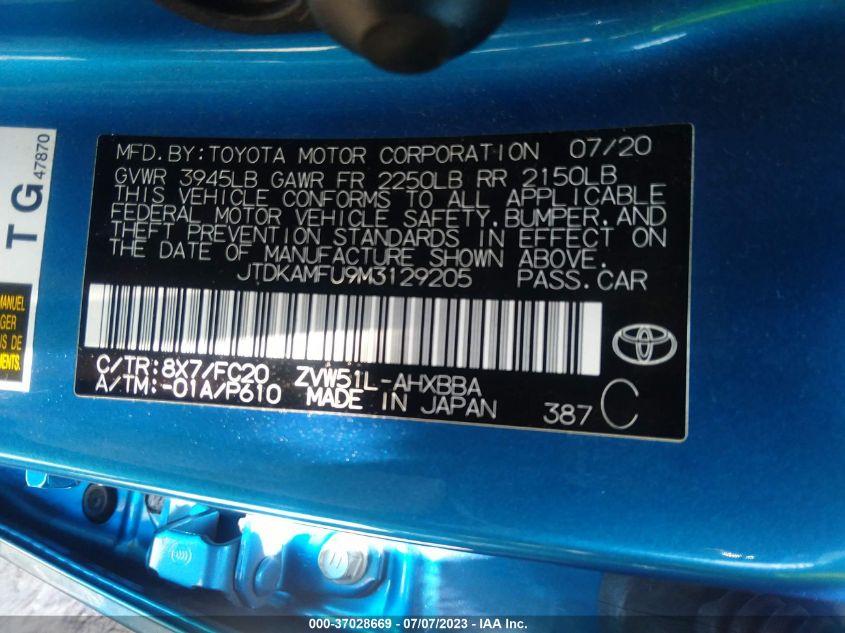 2021 TOYOTA PRIUS L - JTDKAMFU9M3129205