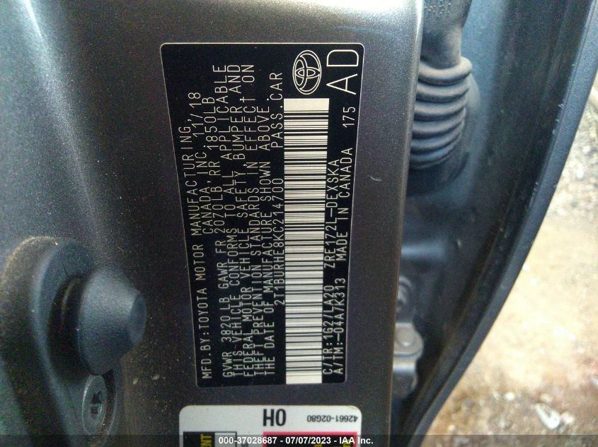 2019 TOYOTA COROLLA L/LE/XLE/SE/XSE - 2T1BURHE8KC214700