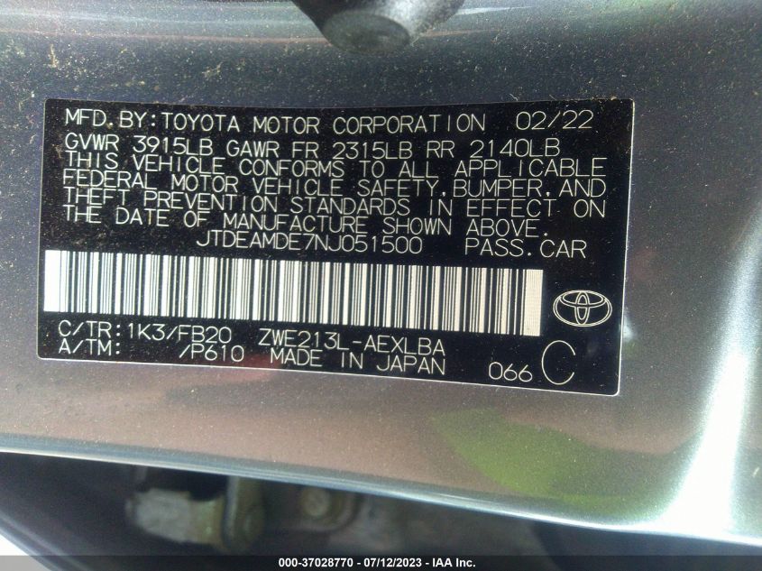 2022 TOYOTA COROLLA HYBRID LE - JTDEAMDE7NJ051500