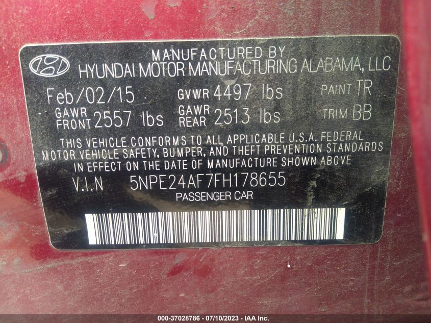 2015 HYUNDAI SONATA 2.4L SE - 5NPE24AF7FH178655