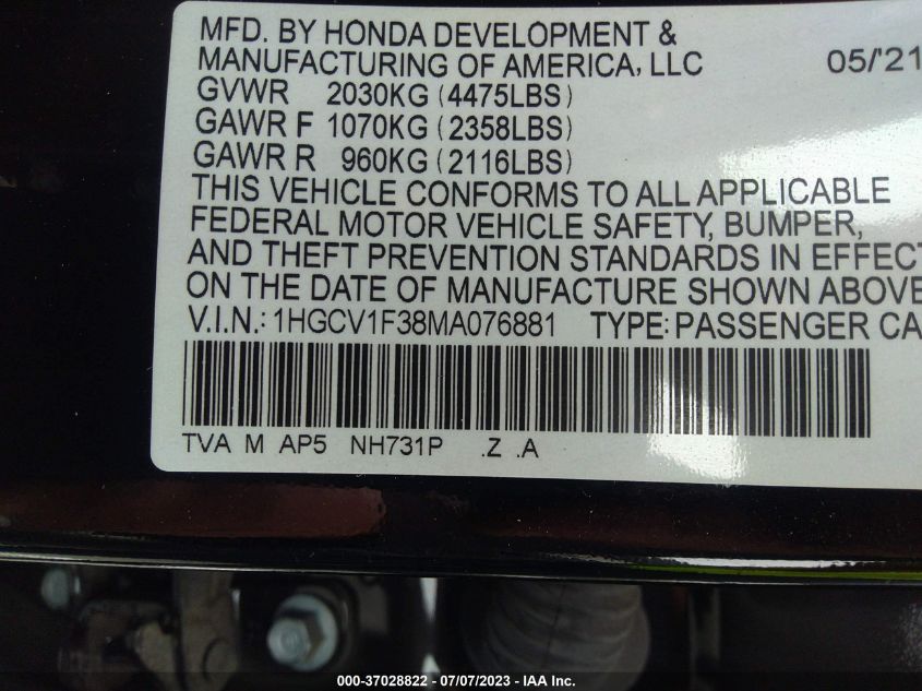 2021 HONDA ACCORD SEDAN SPORT - 1HGCV1F38MA076881