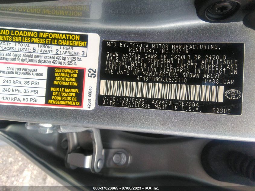 2018 TOYOTA CAMRY LE/SE/XLE/L - 4T1B11HKXJU573110
