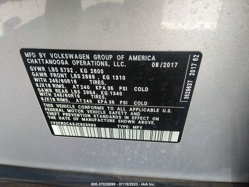 2018 VOLKSWAGEN ATLAS 3.6L V6 SE - 1V2CR2CA3JC523093