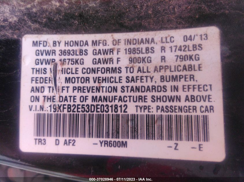 2013 HONDA CIVIC SDN LX - 19XFB2E53DE031812